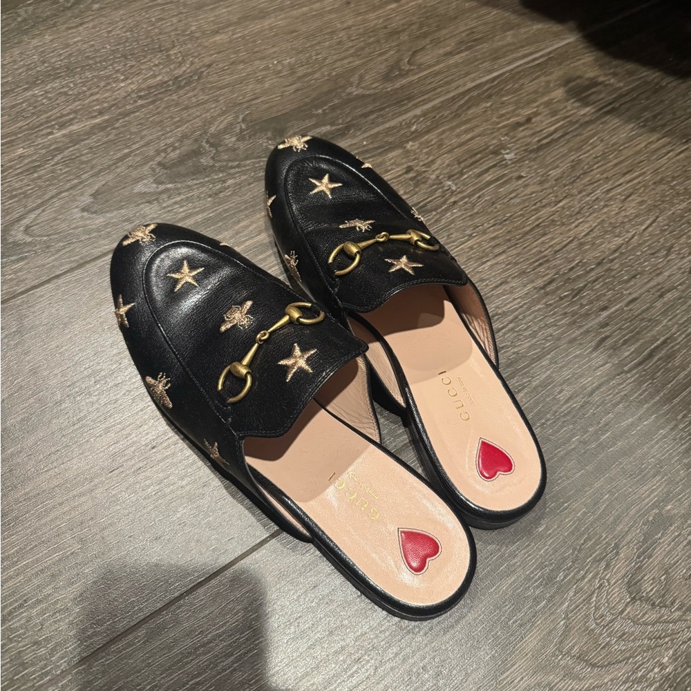 Gucci Princetown Bees and Stars Embroidered Mule Black Leather